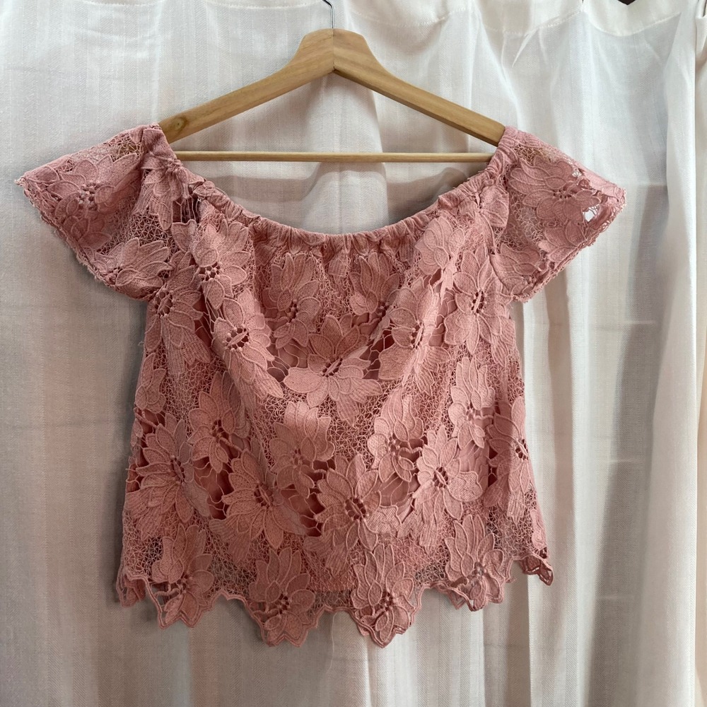 Kendall Kylie Pink Lace Off Shoulder Button Back Crop Top Women's S Crochet Boho